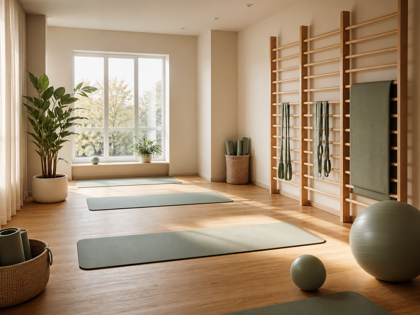 Heller Übungsraum mit Sprossenwand und Trainingsmaterial