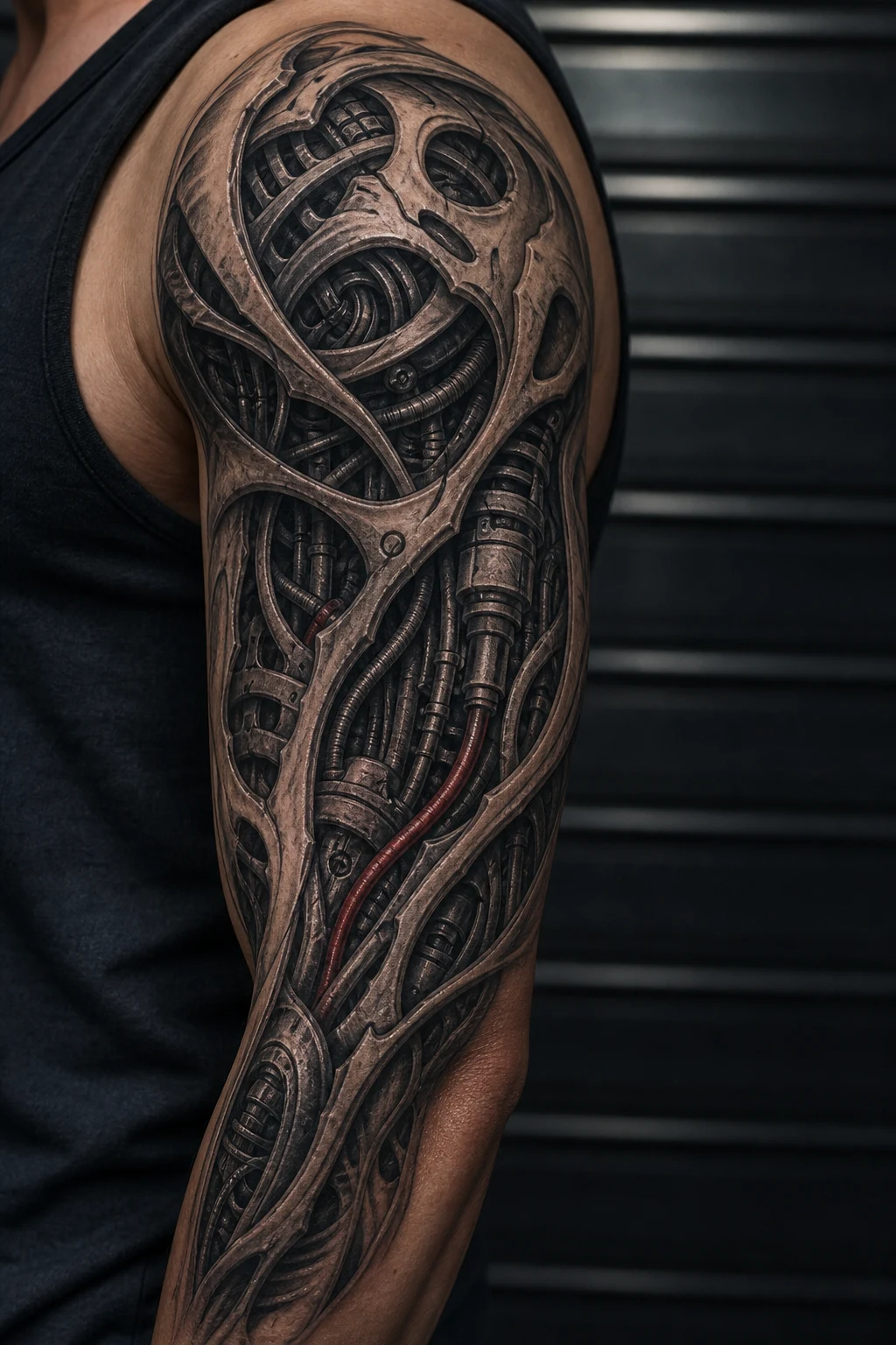Biomechanical Tattoo Sleeve mit Metall- und Maschinenstrukturen