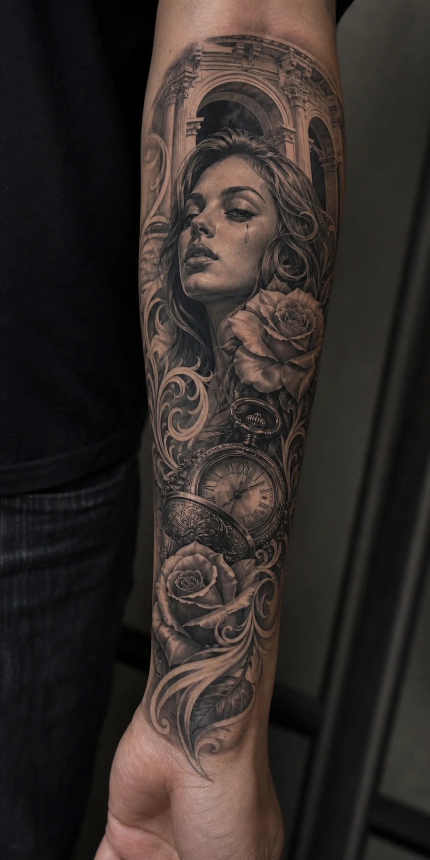Chicano Black-and-Gray Tattoo mit Portrait, Rosen und Uhr