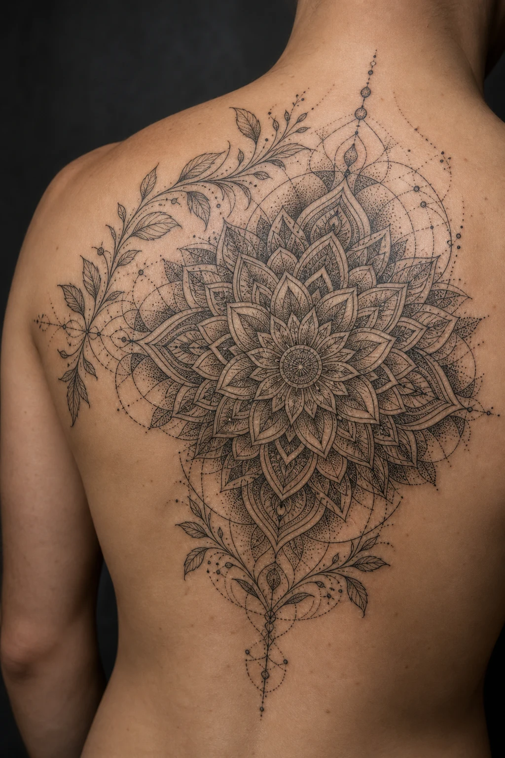 Dotwork Mandala Tattoo über Schulter und Rücken