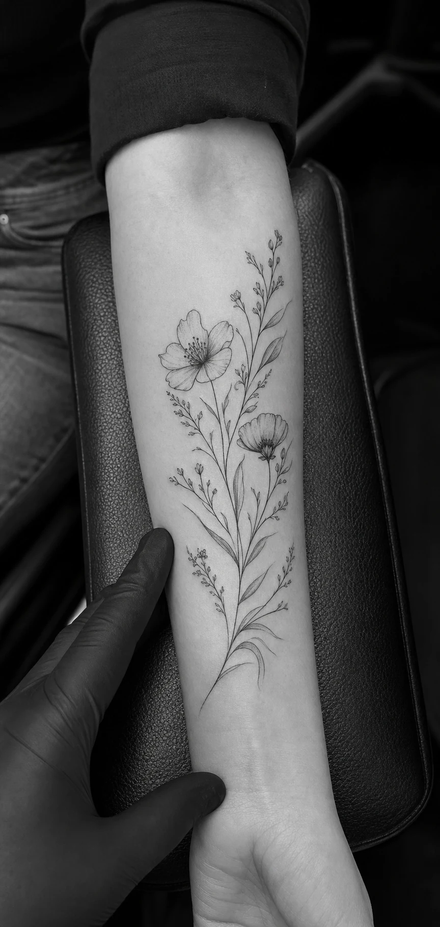 Fine-Line Wildblumen Tattoo am Unterarm