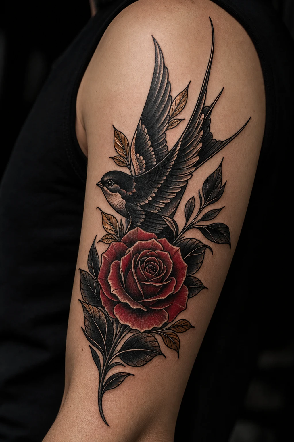 Neo-Traditional Schwalbe und Rose