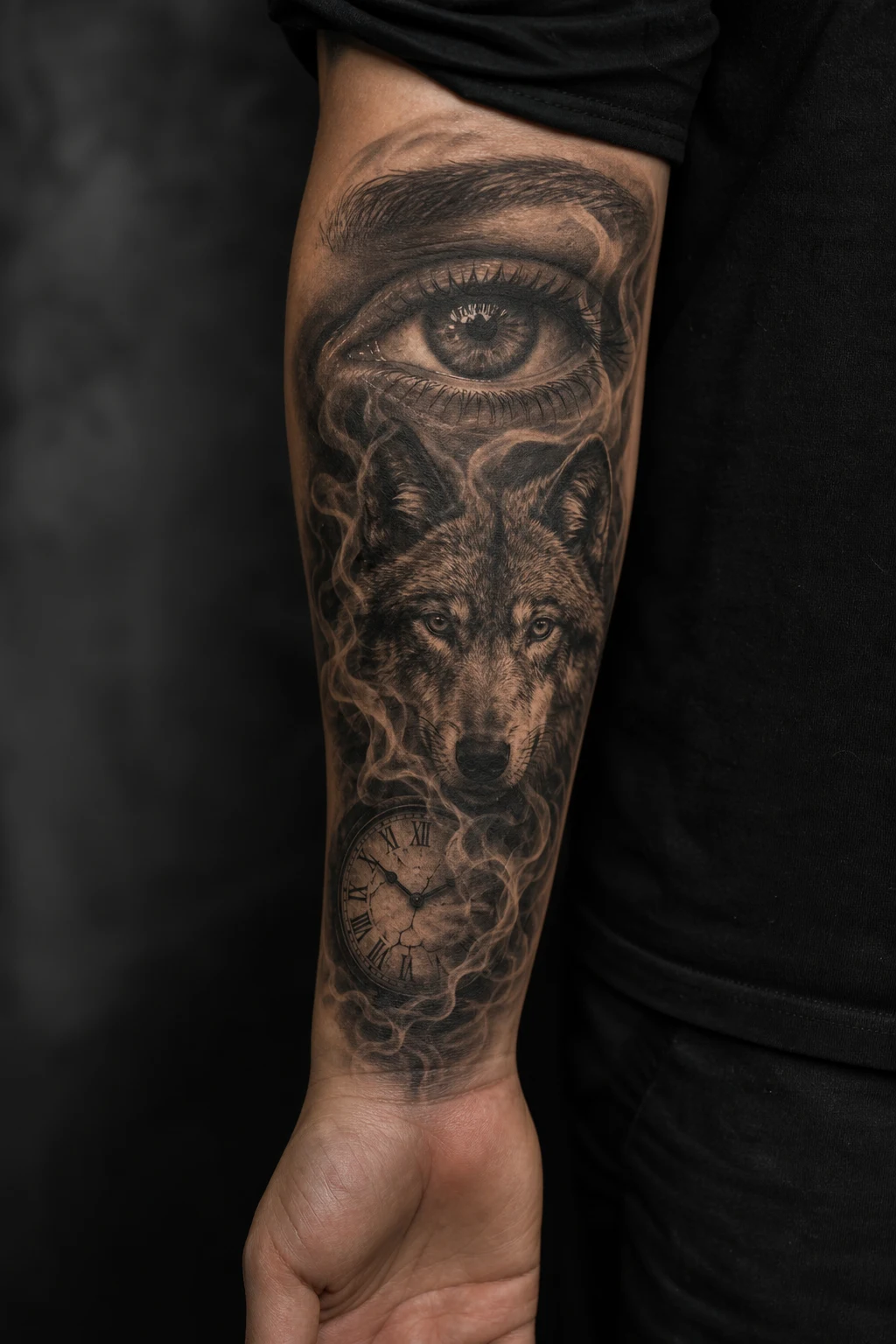 Realistic Tattoo mit Auge, Wolf und Uhr