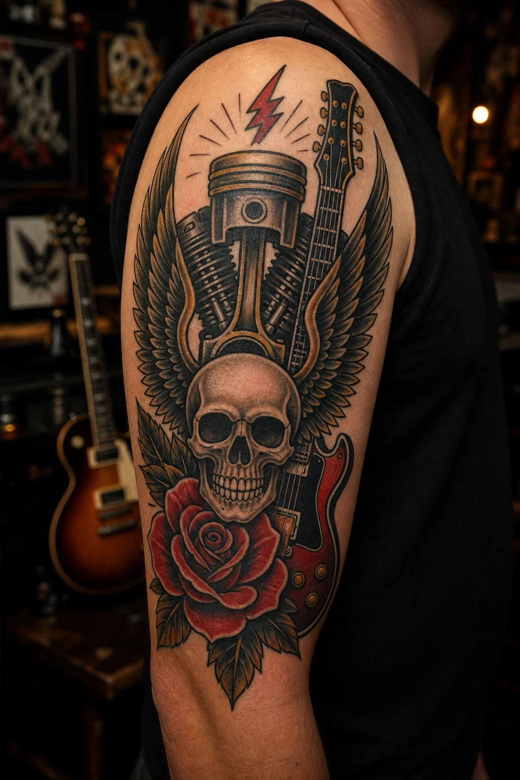 Rocker Tattoo mit Motor, Gitarre, Schädel und Rose