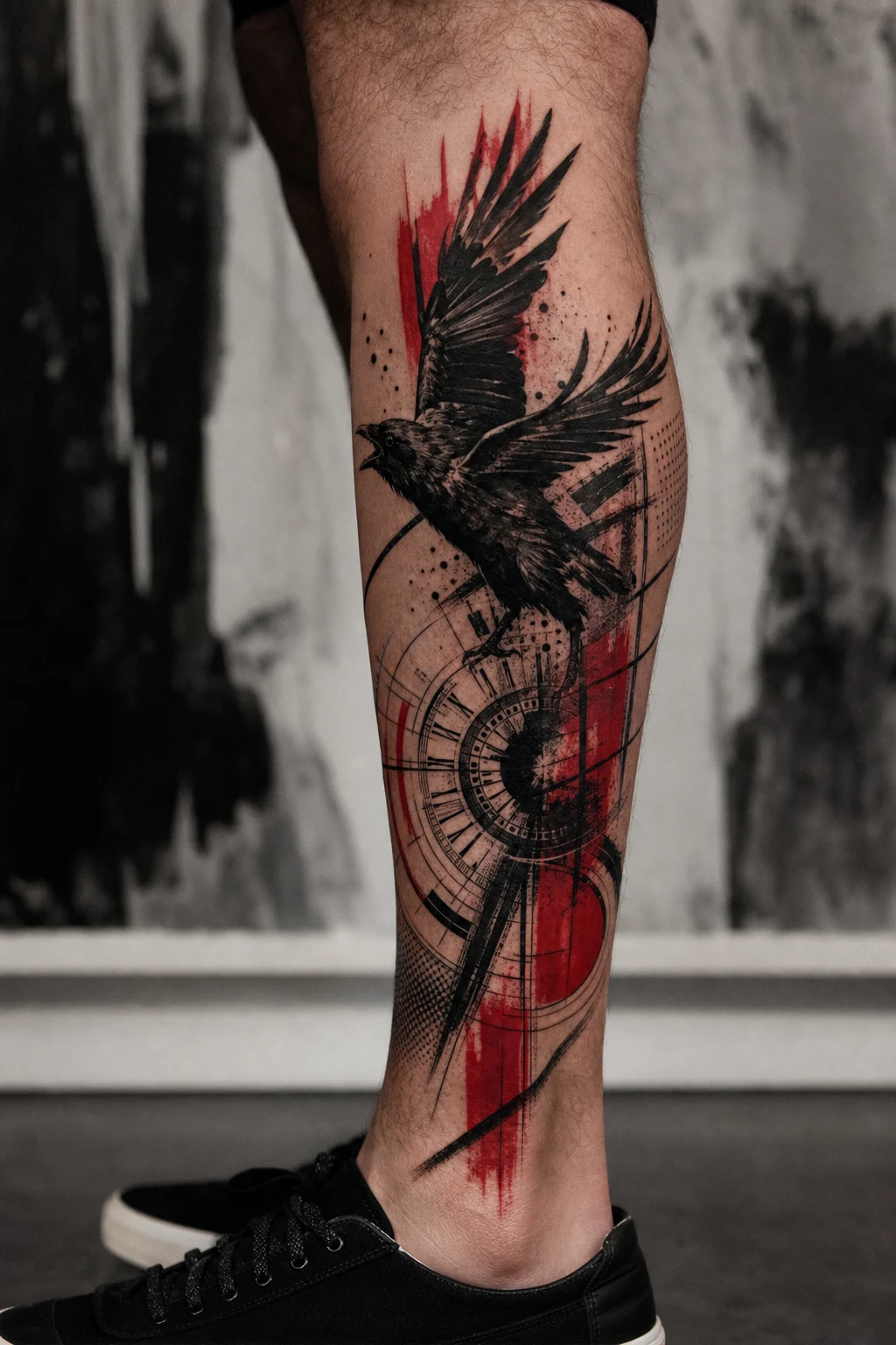 Trash Polka Tattoo mit Rabe und roten grafischen Elementen