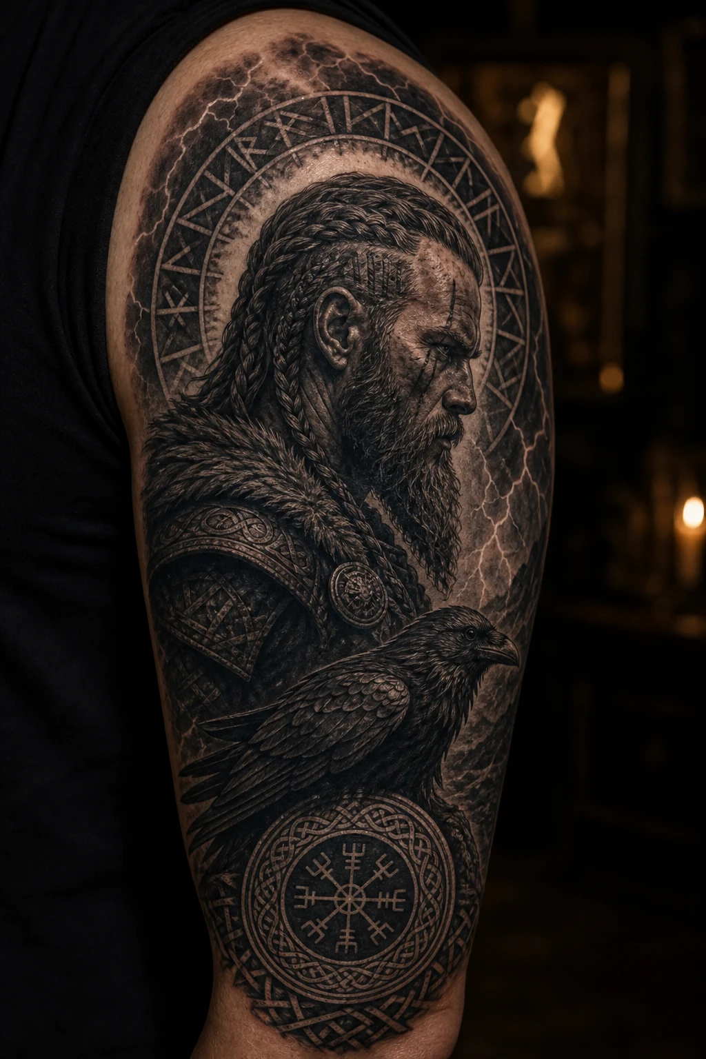 Nordisches Viking Tattoo mit Krieger und Rabe