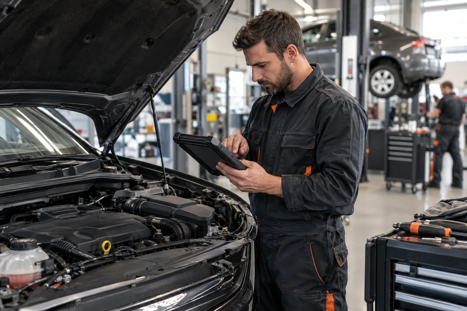 Fiktiver MOTORWERK-Mitarbeiter bei einer Fahrzeugdiagnose