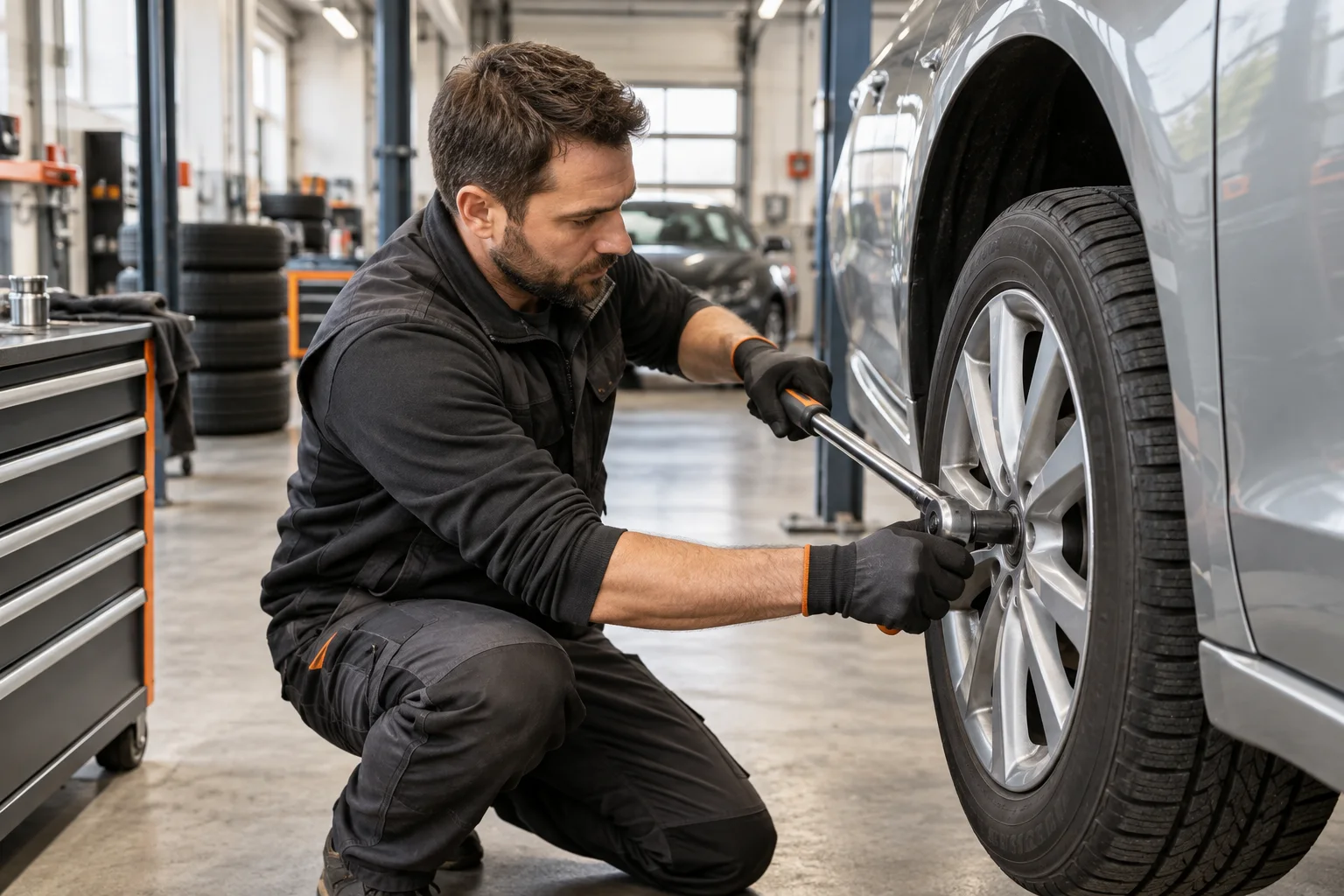 Fiktiver MOTORWERK-Mitarbeiter beim Radservice mit Drehmomentschlüssel
